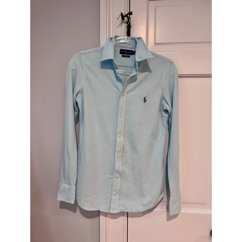 Ralph Lauren Knit Oxford Shirt Mens M Slim Light Blue Pony 100% Cotton 18x26 - Picture 5 of 13